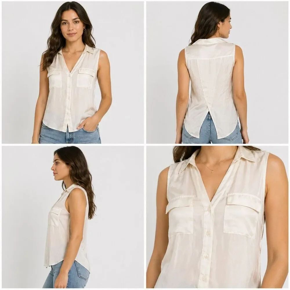 New York & Company Solid Cream Sleeveless Button Down Dressy Sheer Blouse size S